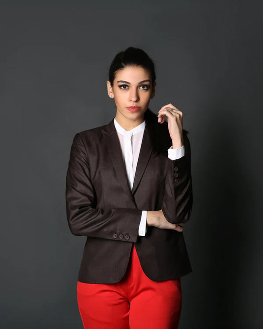 Brown Single Breasted Coat & Red Formal Trouser Suit