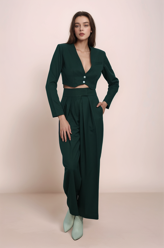 Dark Green Crop Jacket Co-ord suit