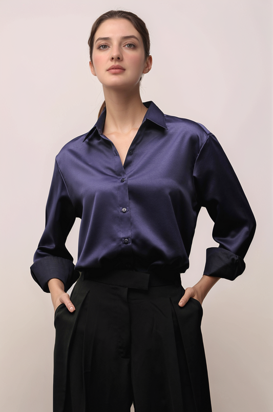 Navy Blue Satin Shirt