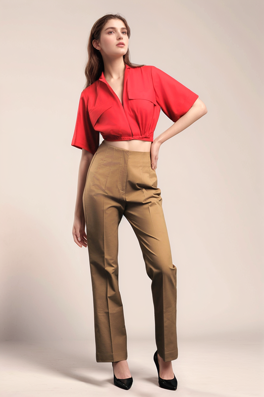 Red Crop Shirt & Brown Cotton Pants Combo
