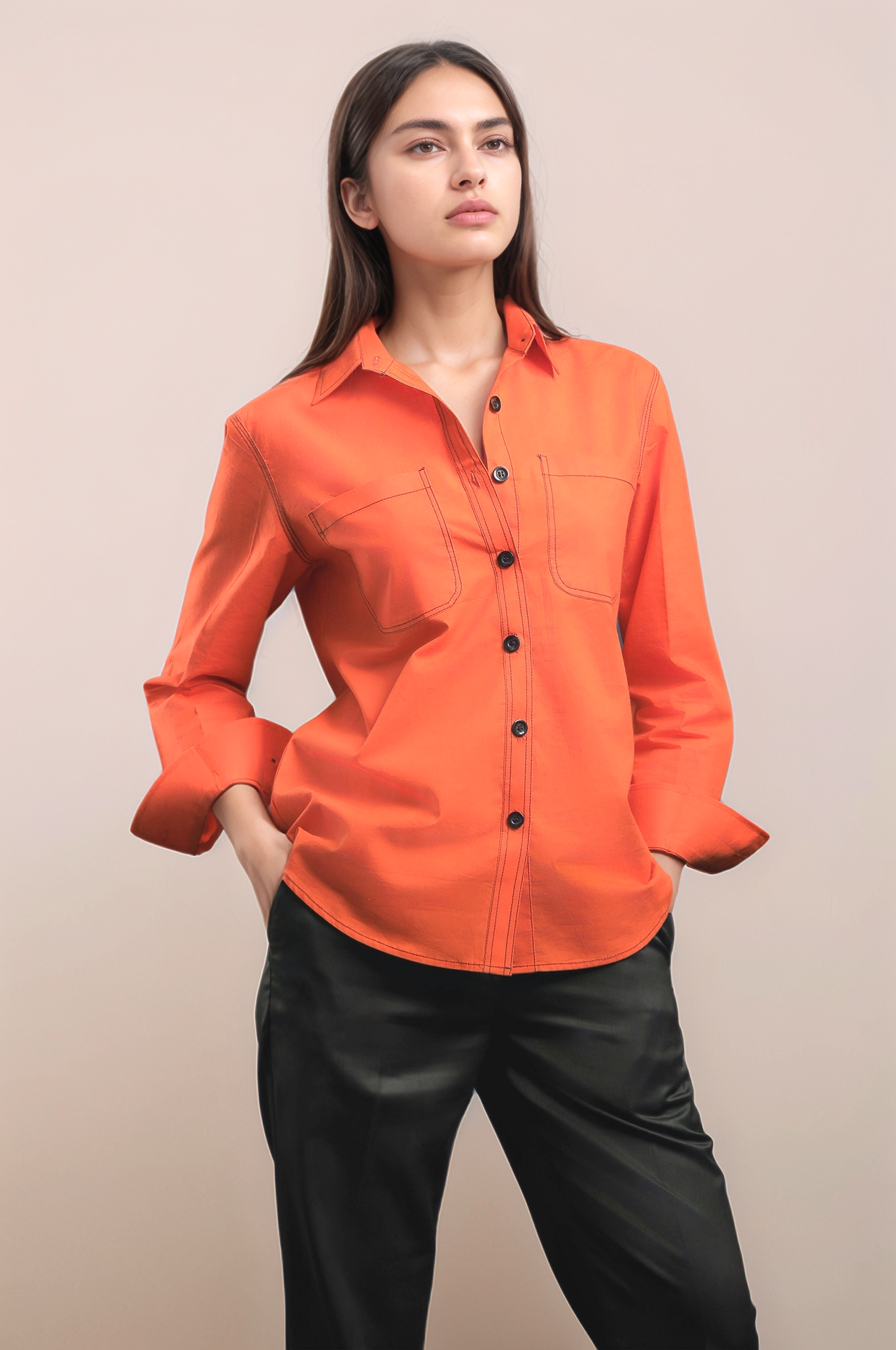 Orange Cotton Shirt & Black Straight Formal Trouser Combo