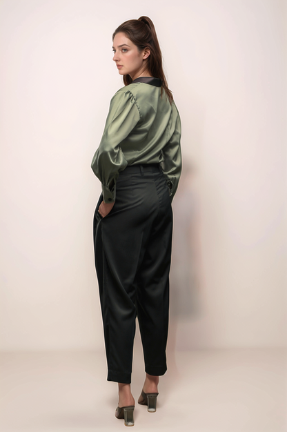 Pastel Green Shawl Collar Shirt & Dark Green Double Pleated Trouser Combo