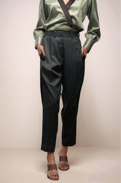 Pastel Green Shawl Collar Shirt & Dark Green Double Pleated Trouser Combo