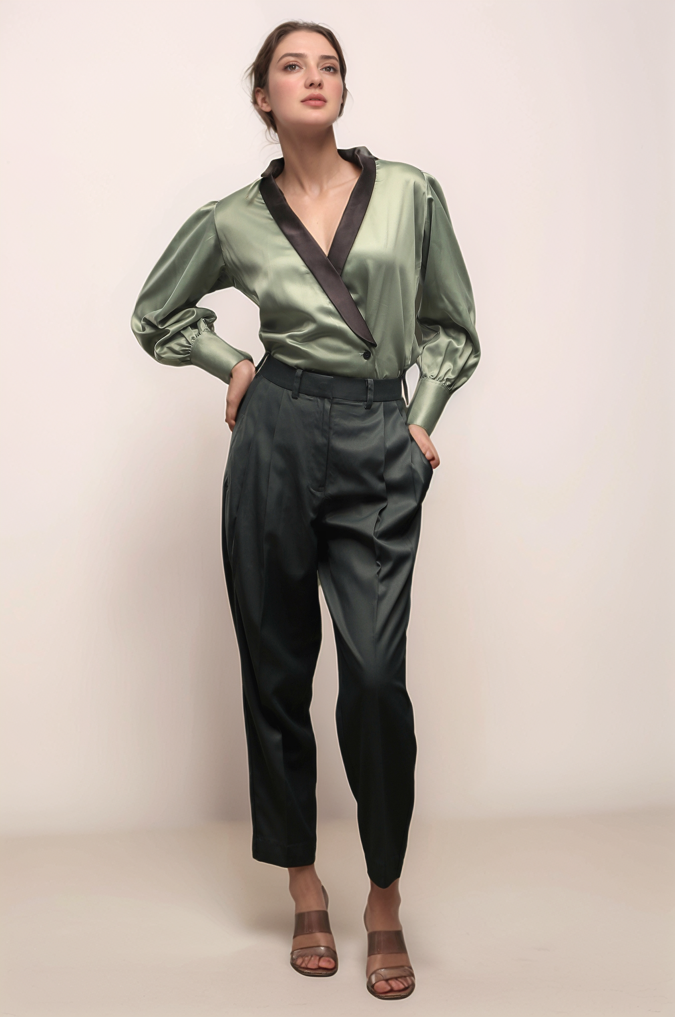 Pastel Green Shawl Collar Shirt & Dark Green Double Pleated Trouser Combo