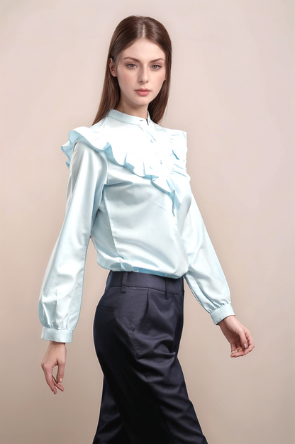 Sky Blue Frill Shirt & Navy Blue Bootcut Trouser Combo