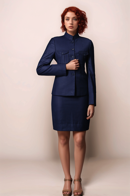Blue Mandarin Coat & Navy Blue Formal Skirt Suit