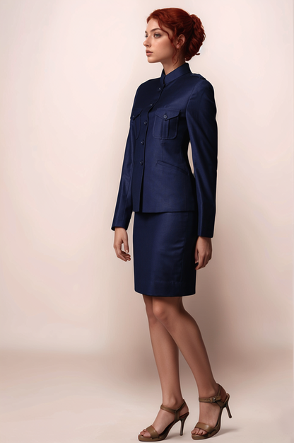 Blue Mandarin Coat & Navy Blue Formal Skirt Suit