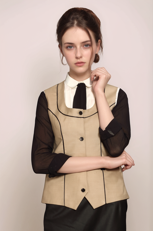 Beige-Black Piping Waistcoat