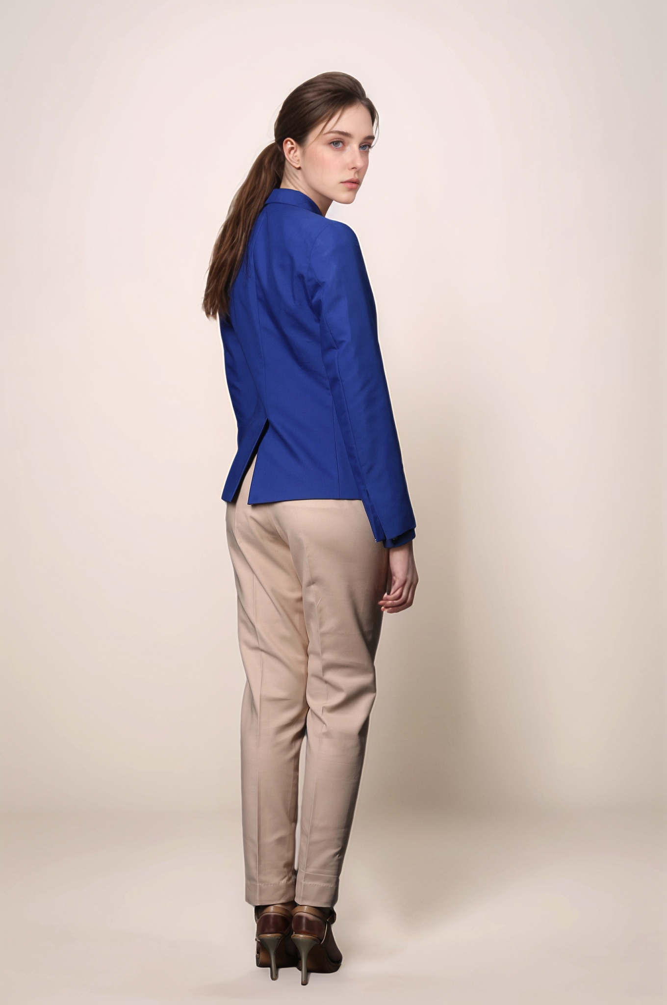 Blue Single Breasted Blazer & Beige Classy Trouser Suit