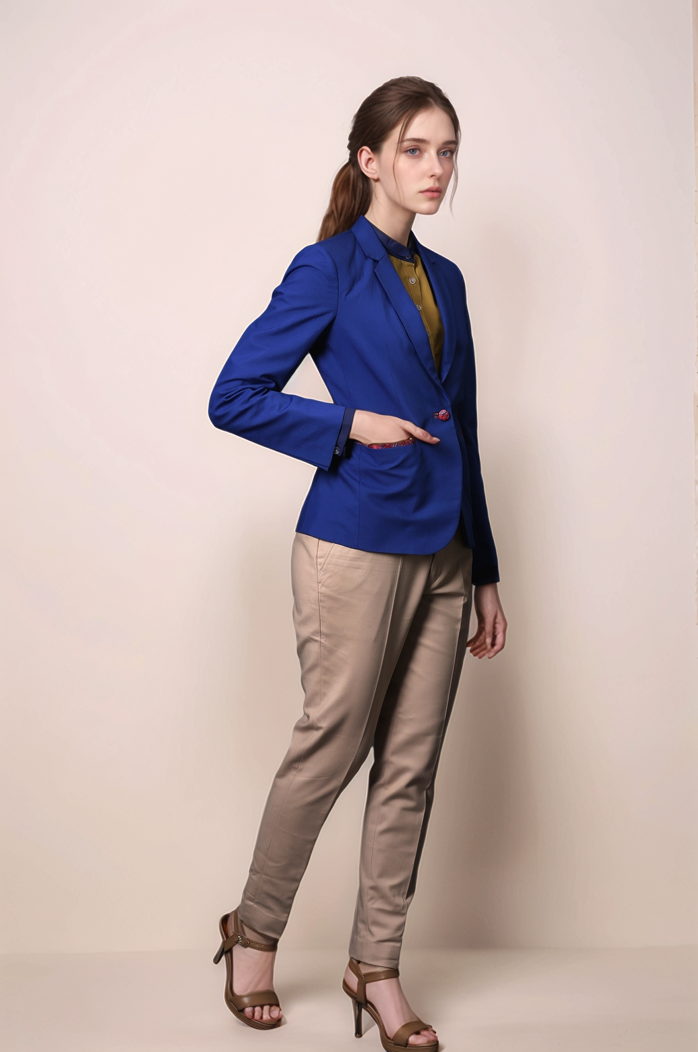Blue Single Breasted Blazer & Beige Classy Trouser Suit