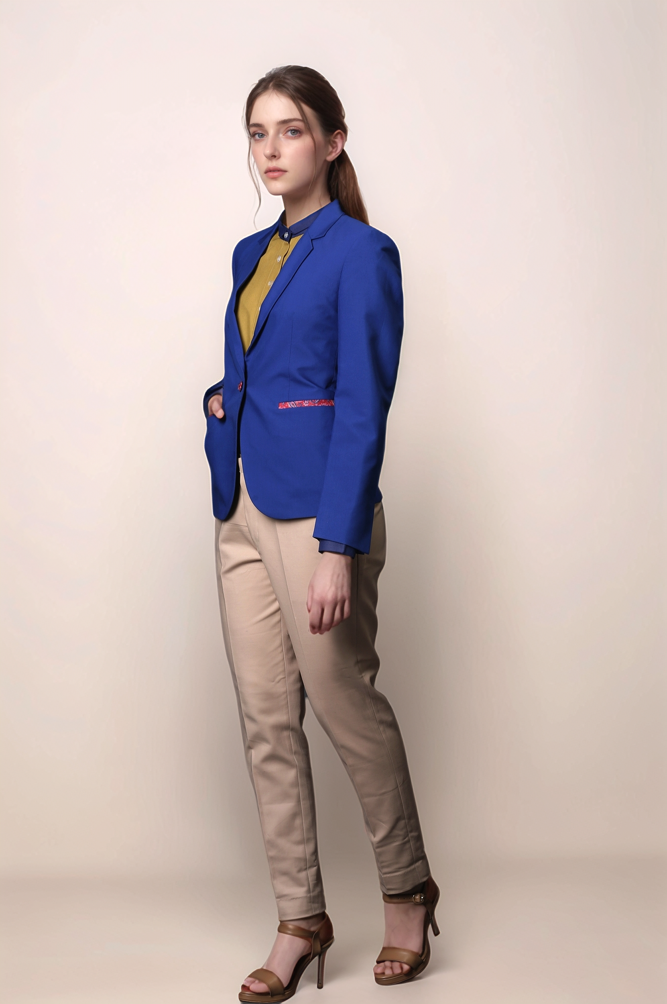Blue Single Breasted Blazer & Beige Classy Trouser Suit