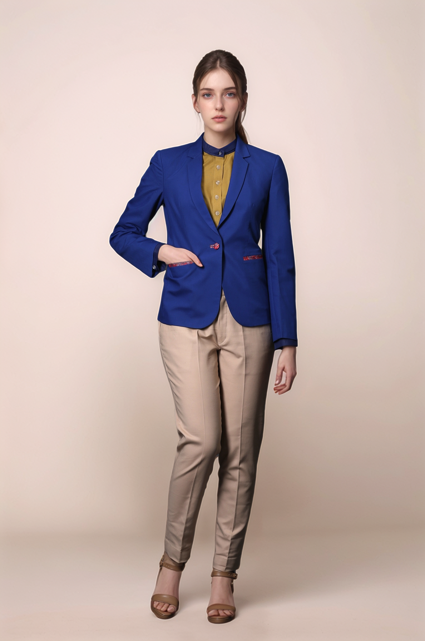 Blue Single Breasted Blazer & Beige Classy Trouser Suit