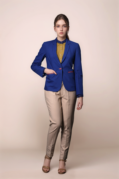 Blue Single Breasted Blazer & Beige Classy Trouser Suit