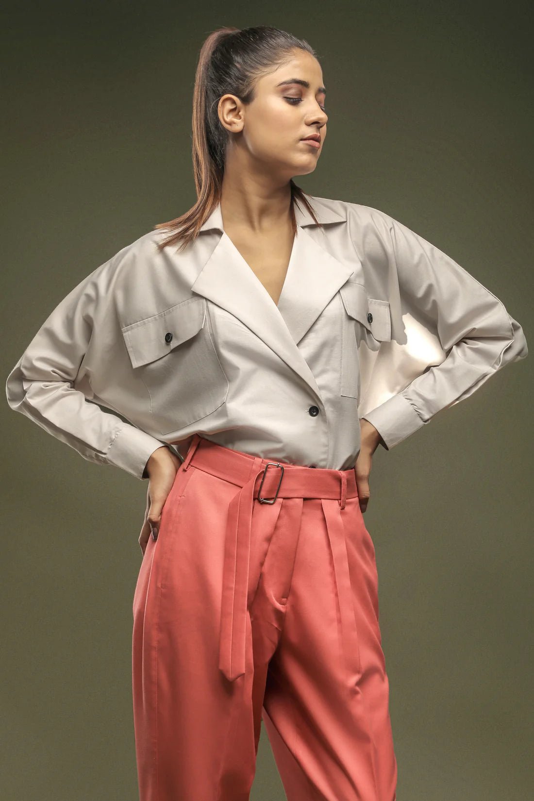 Beige Batwing Sleeve Shirt & Peach Cropped Pant Combo - Dheeraj Sharma