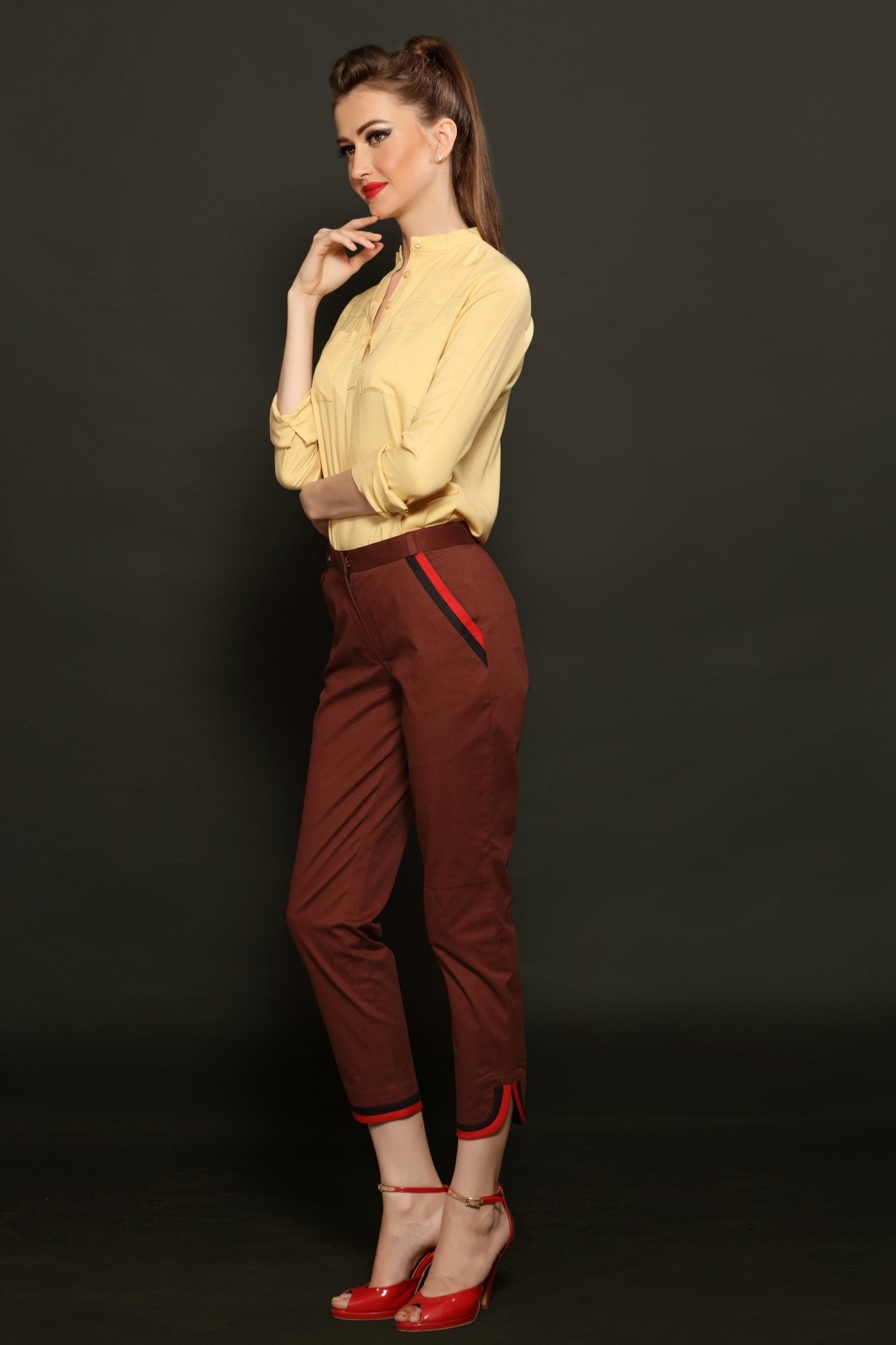 Beige Mandarin Shirt & Brown Cropped Trouser Combo - Dheeraj Sharma