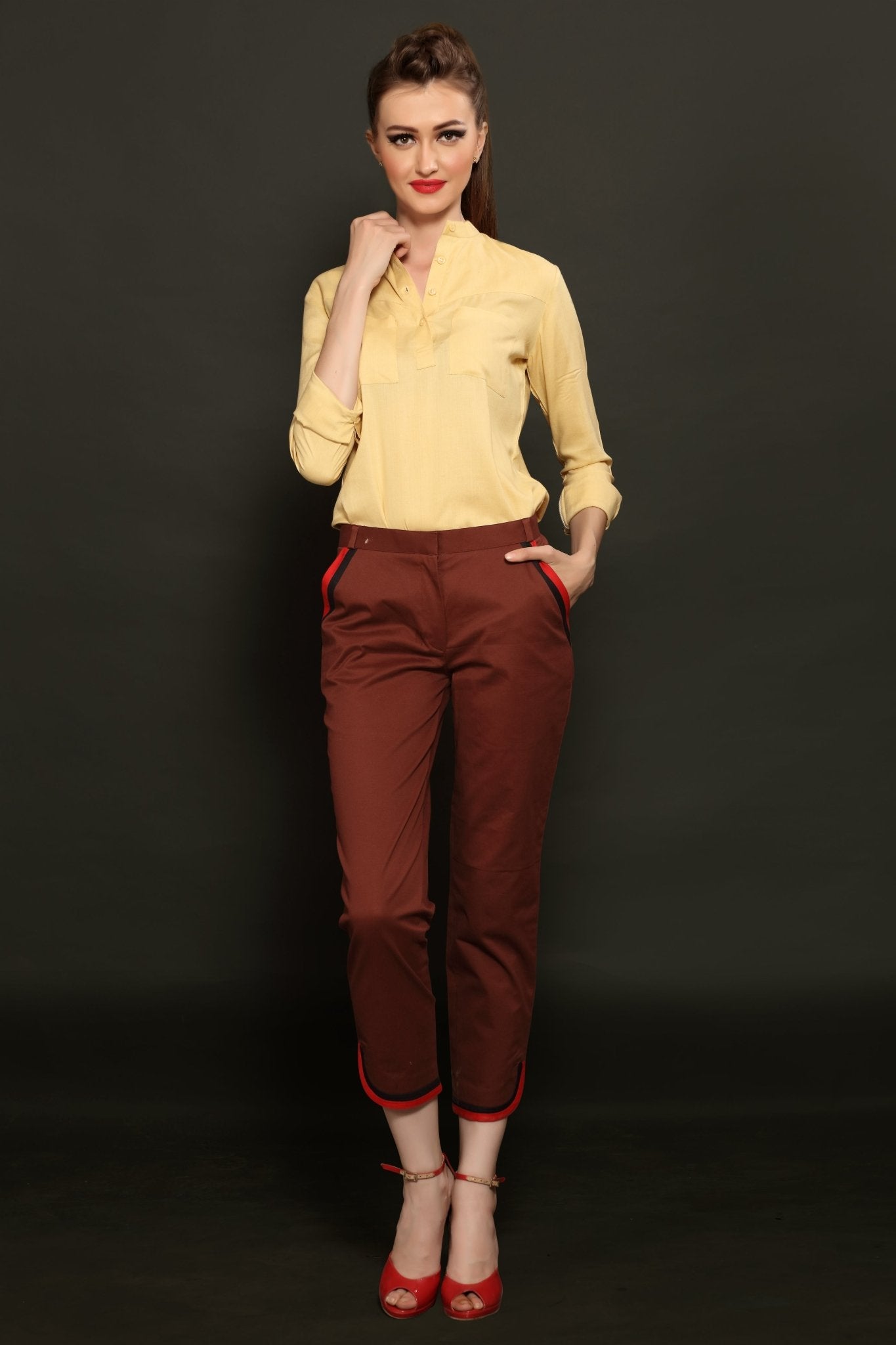 Beige Mandarin Shirt & Brown Cropped Trouser Combo - Dheeraj Sharma