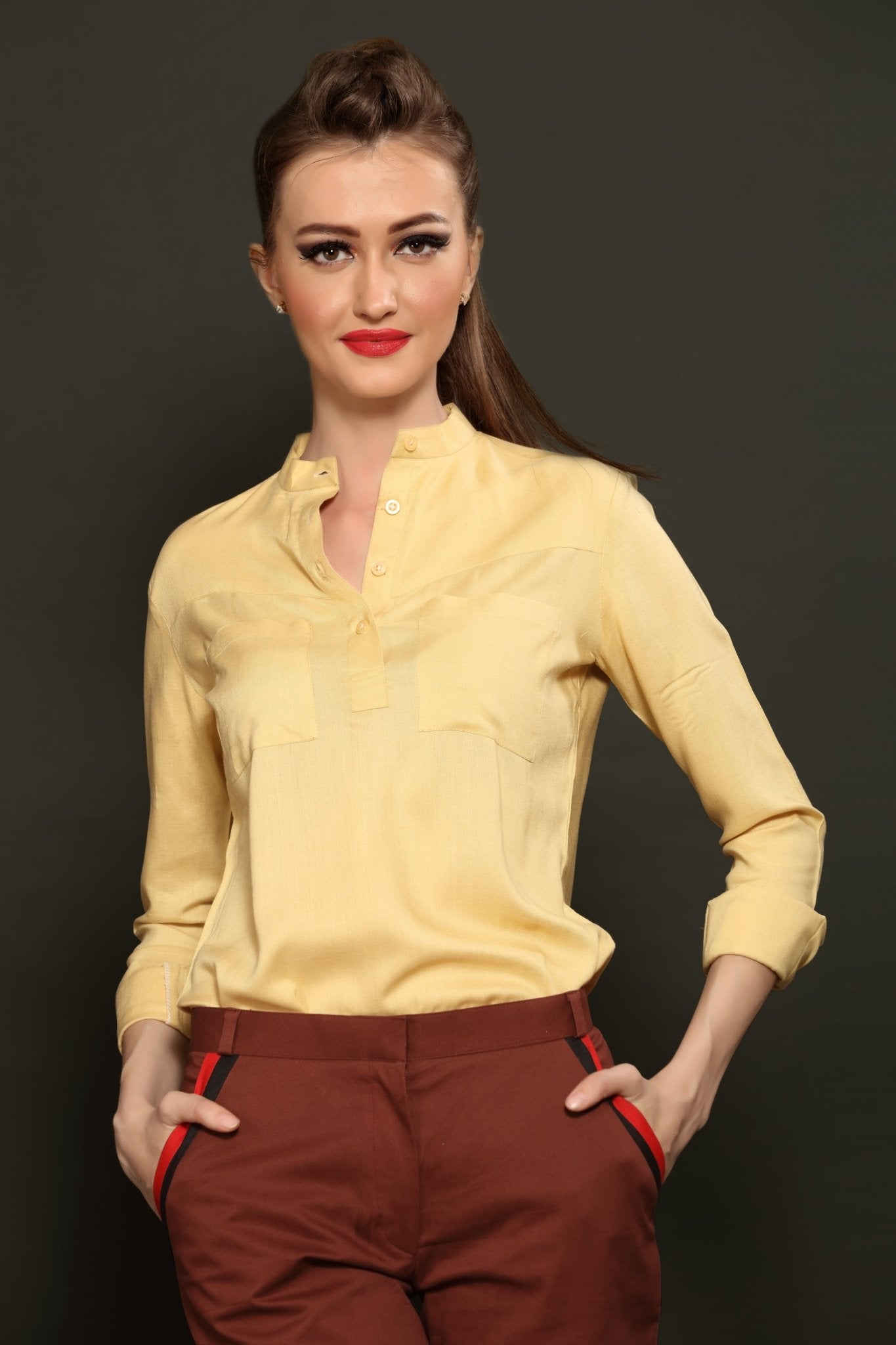 Beige Mandarin Shirt & Brown Cropped Trouser Combo - Dheeraj Sharma