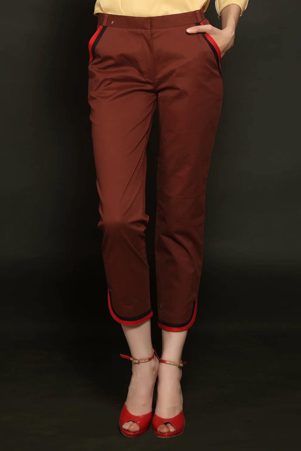 Beige Mandarin Shirt & Brown Cropped Trouser Combo - Dheeraj Sharma