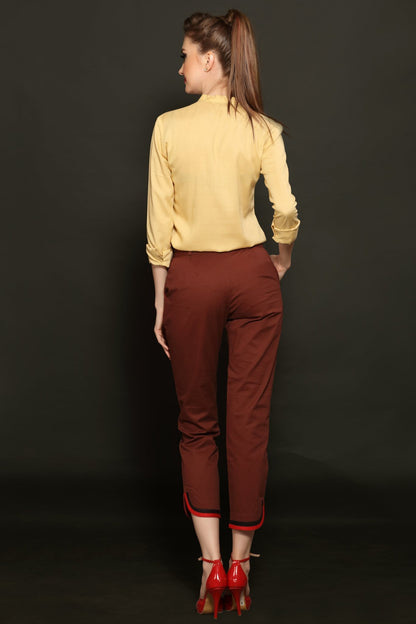 Beige Mandarin Shirt & Brown Cropped Trouser Combo - Dheeraj Sharma