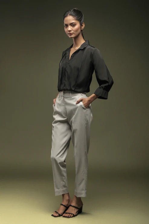 Black Crepe Pleated Shirt & Light Grey Ankle Length Trouser Combo - Dheeraj Sharma