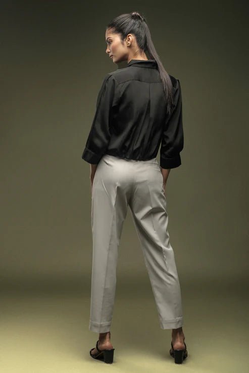 Black Crepe Pleated Shirt & Light Grey Ankle Length Trouser Combo - Dheeraj Sharma