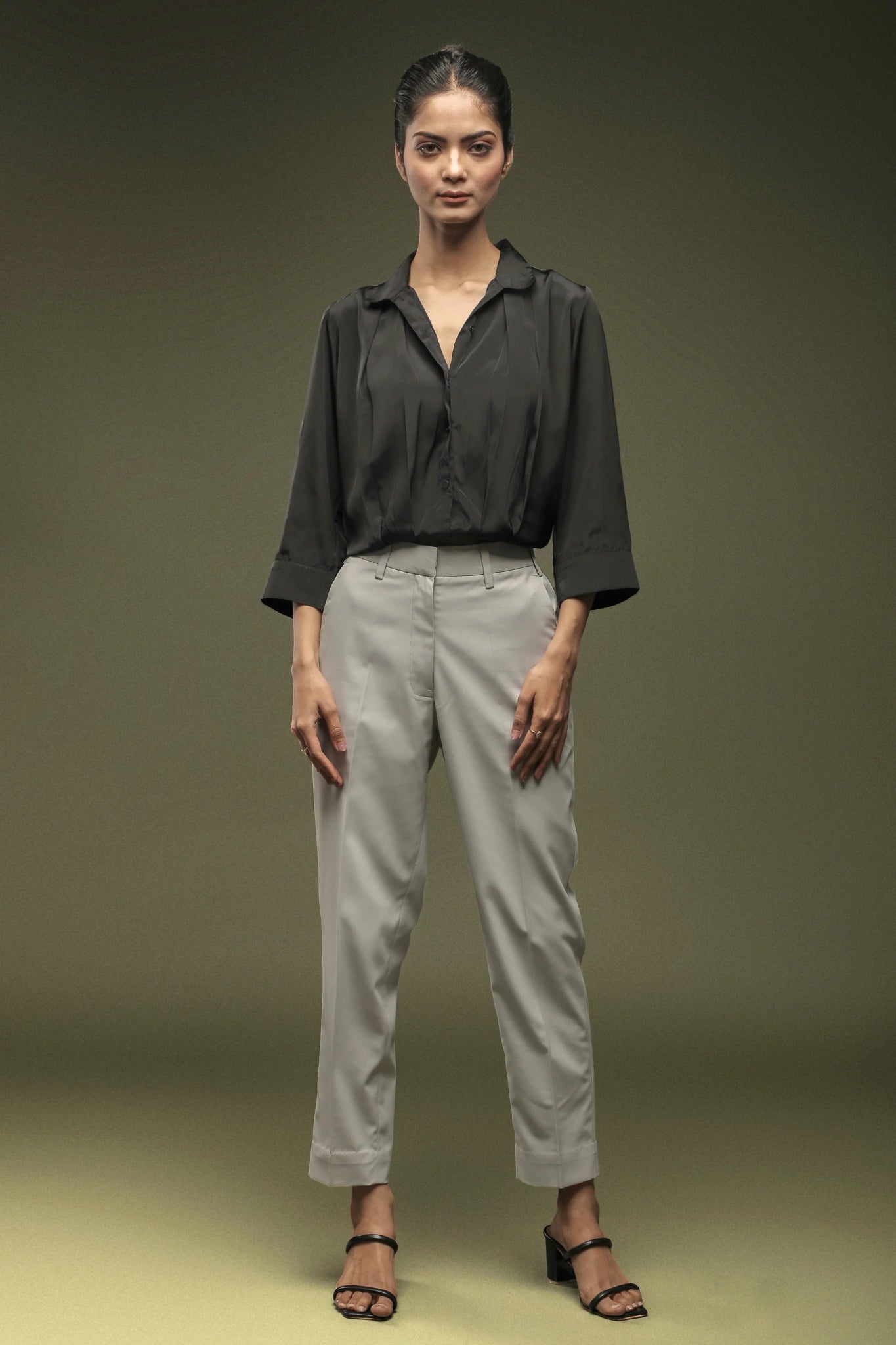 Black Crepe Pleated Shirt & Light Grey Ankle Length Trouser Combo - Dheeraj Sharma