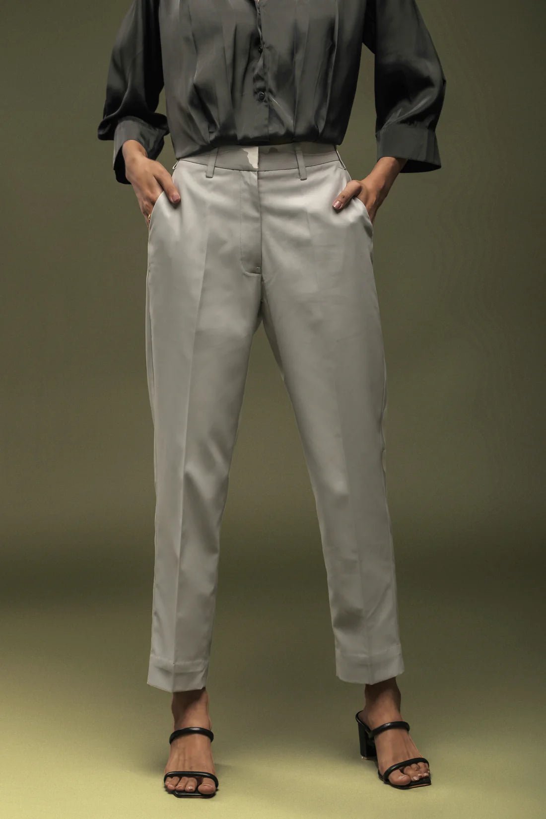 Black Crepe Pleated Shirt & Light Grey Ankle Length Trouser Combo - Dheeraj Sharma