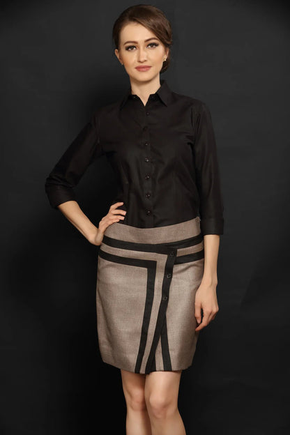 Black Formal Women Shirt & Beige Striped Skirt Combo - Dheeraj Sharma