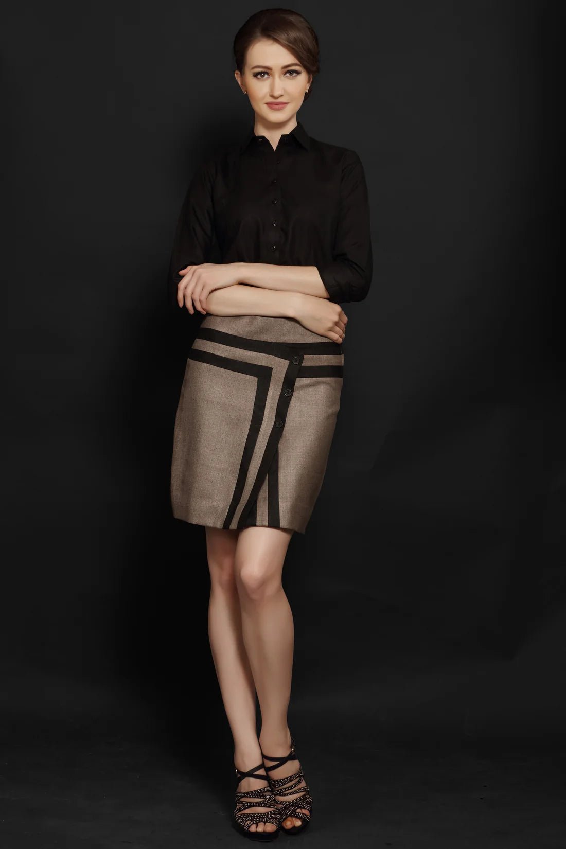 Black Formal Women Shirt & Beige Striped Skirt Combo - Dheeraj Sharma