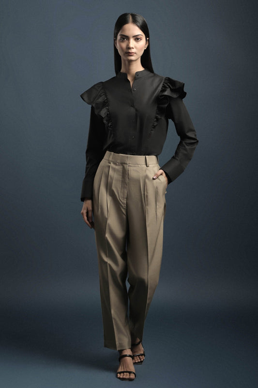 Black Frill Shirt & Beige Double Pleated Trouser Combo - Dheeraj Sharma