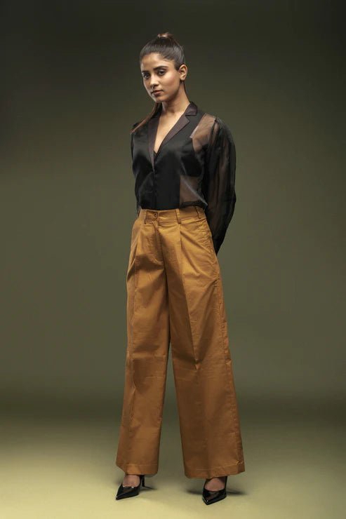 Black Organza Panel Shirt & Khaki loose Pants Combo - Dheeraj Sharma