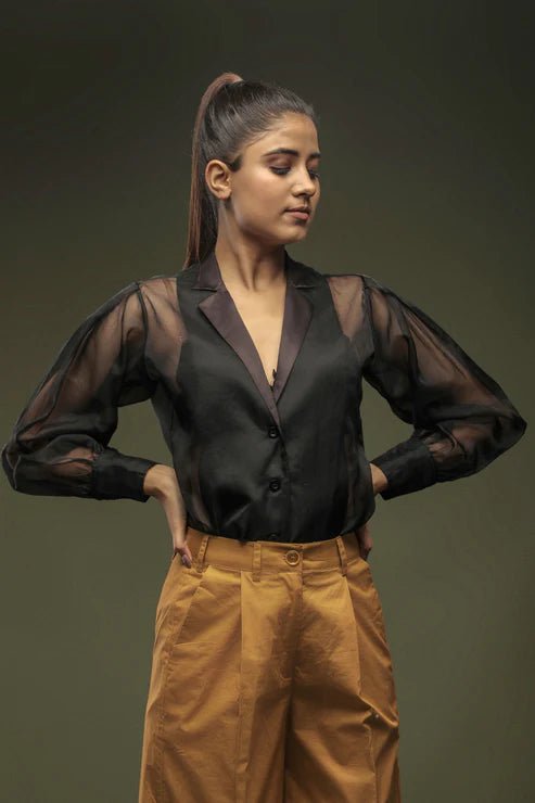 Black Organza Panel Shirt & Khaki loose Pants Combo - Dheeraj Sharma