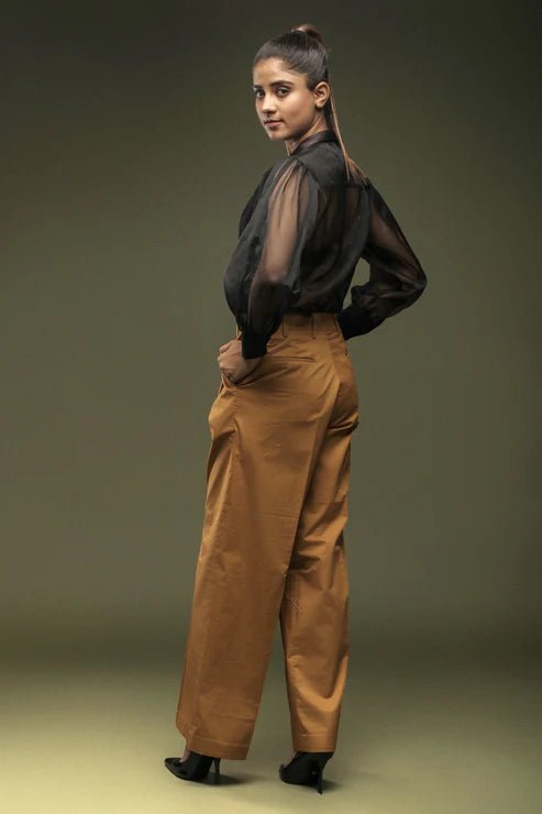 Black Organza Panel Shirt & Khaki loose Pants Combo - Dheeraj Sharma