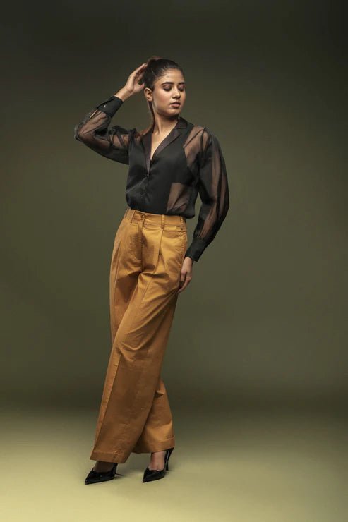 Black Organza Panel Shirt & Khaki loose Pants Combo - Dheeraj Sharma