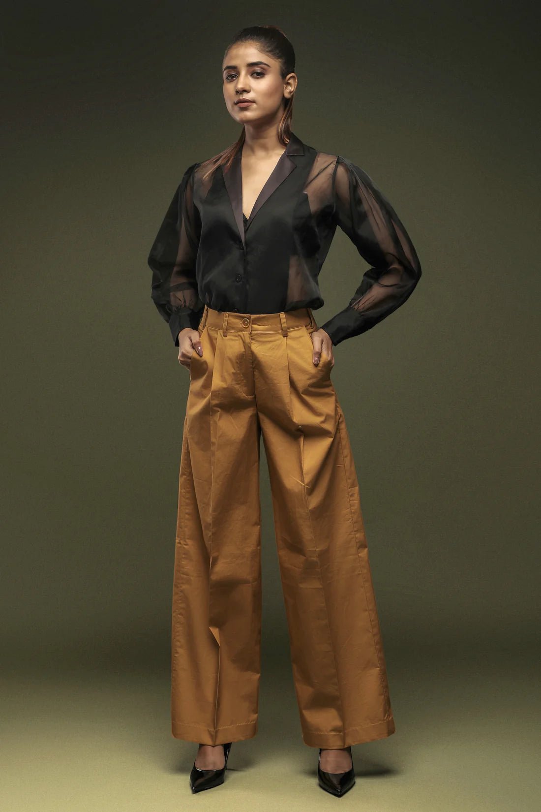 Black Organza Panel Shirt & Khaki loose Pants Combo - Dheeraj Sharma