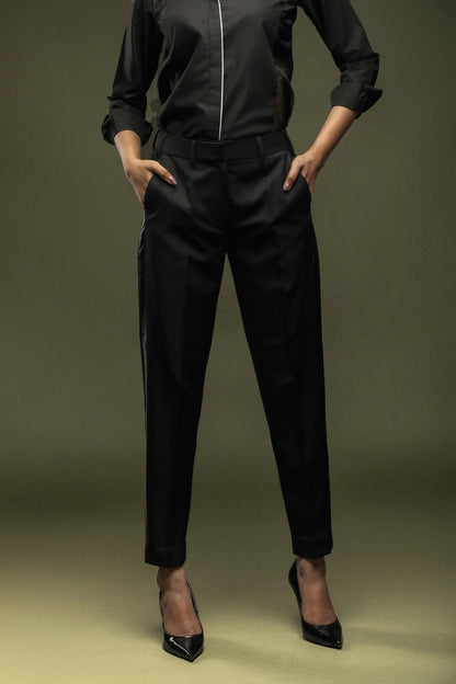 Black Piping Shirt & Black Tuxedo Trouser Combo - Dheeraj Sharma