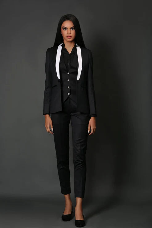 Black White Panel Blazer & Black Slim Fit Trouser Suit