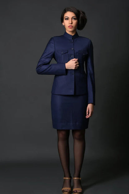 Blue Mandarin Coat & Navy Blue Formal Skirt Suit