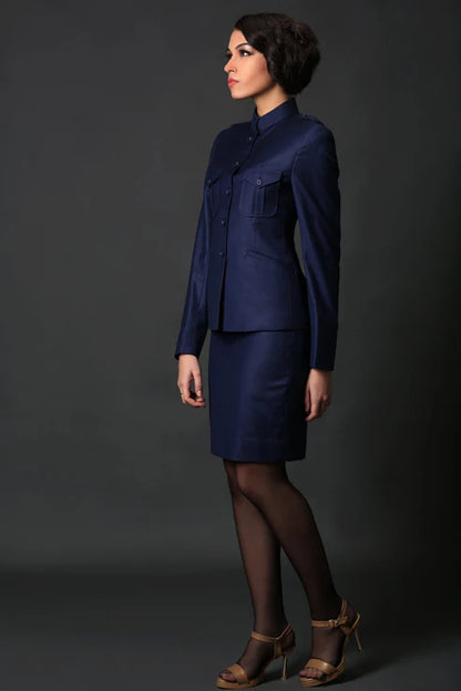 Blue Mandarin Coat & Navy Blue Formal Skirt Suit