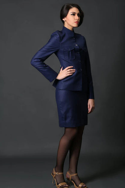 Blue Mandarin Coat & Navy Blue Formal Skirt Suit