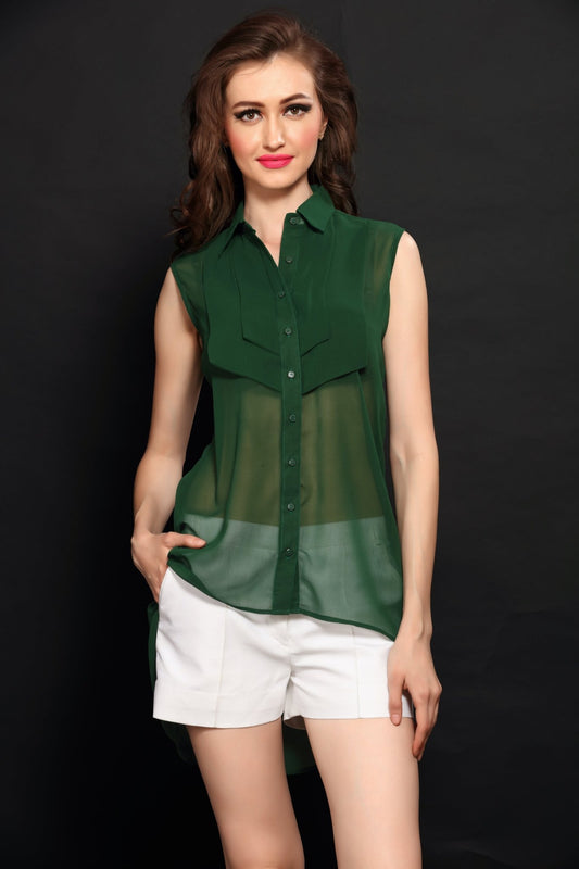 Bottle Green Sleeveless Shirt - Dheeraj Sharma