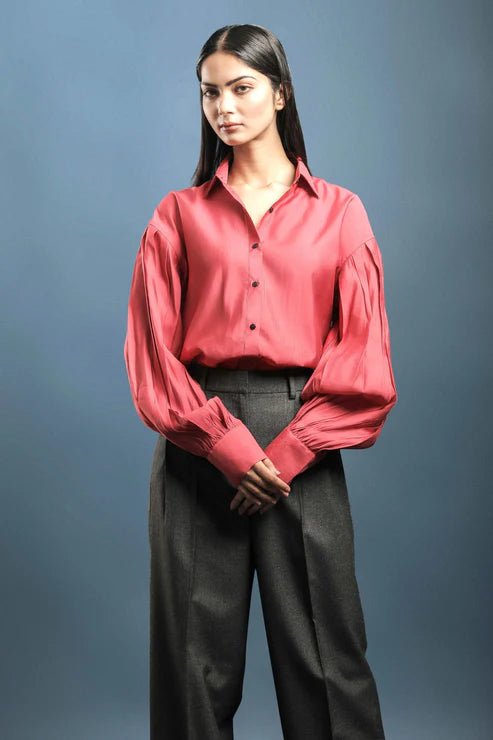 Coral Pink Classy Shirt & Dark Grey Pleated Trouser Combo - Dheeraj Sharma