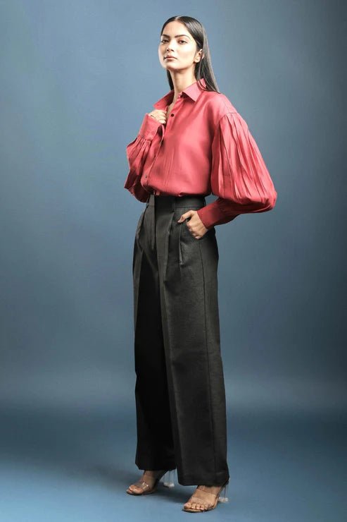 Coral Pink Classy Shirt & Dark Grey Pleated Trouser Combo - Dheeraj Sharma