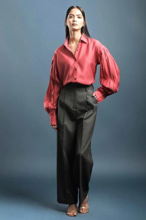 Coral Pink Classy Shirt & Dark Grey Pleated Trouser Combo - Dheeraj Sharma