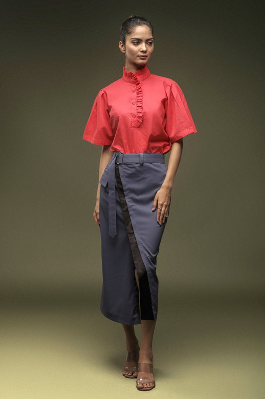 Coral Pink Frill Shirt & Dark Grey Front Open Skirt Combo - Dheeraj Sharma