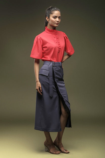 Coral Pink Frill Shirt & Dark Grey Front Open Skirt Combo - Dheeraj Sharma