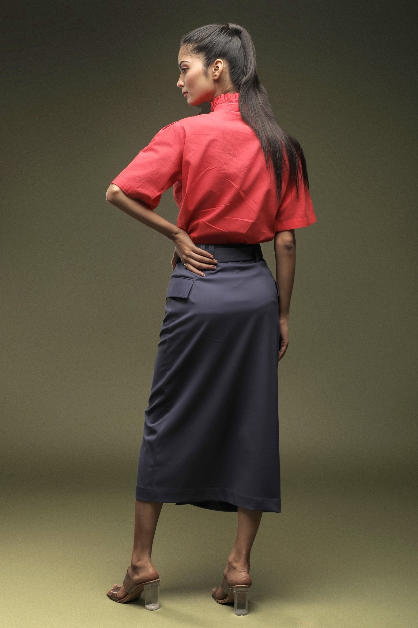 Coral Pink Frill Shirt & Dark Grey Front Open Skirt Combo - Dheeraj Sharma