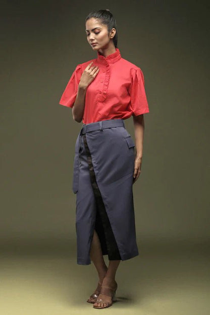 Coral Pink Frill Shirt & Dark Grey Front Open Skirt Combo - Dheeraj Sharma