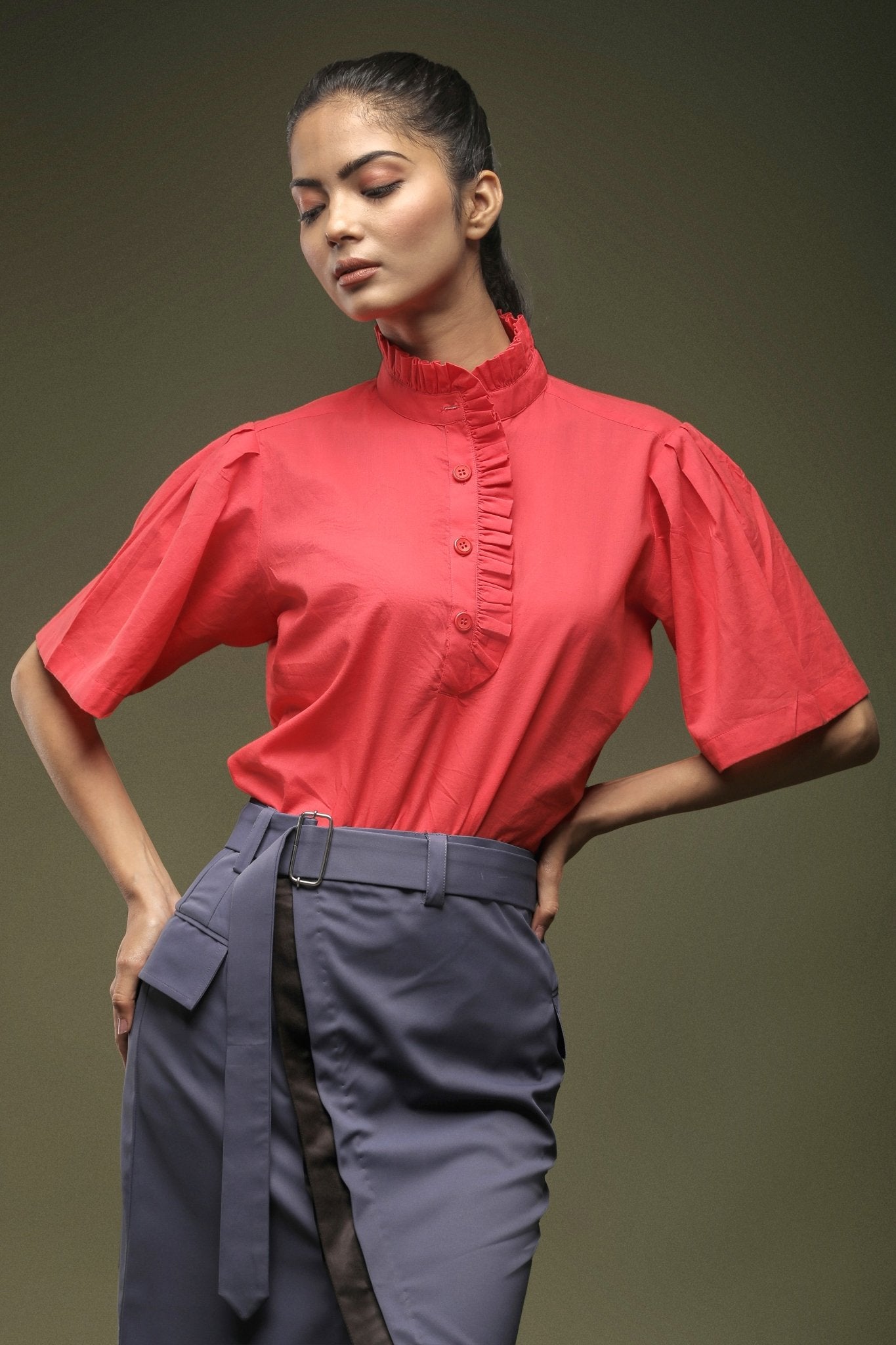 Coral Pink Frill Shirt & Dark Grey Front Open Skirt Combo - Dheeraj Sharma