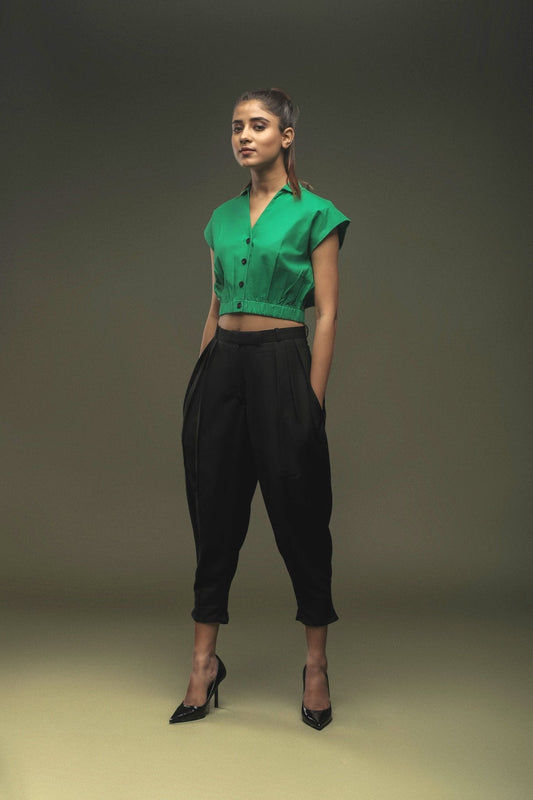 Green Crop Top & Black Cropped Baggy Pant Combo - Dheeraj Sharma